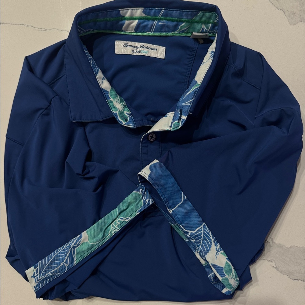 Tommy Bahama IslandZone Men’s Shirt – Blue with Tropical Trim (LG)